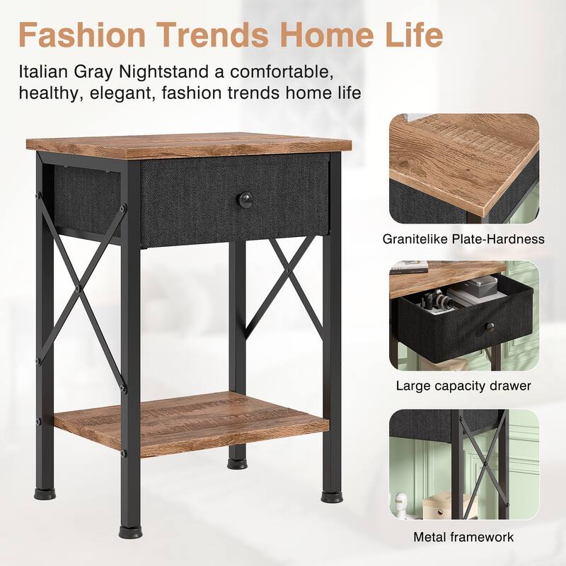 VECELO X Frame Nightstand with Removable Fabric Drawer Easy to Clean Nightstand Multifunctional End Table with Open Shelf