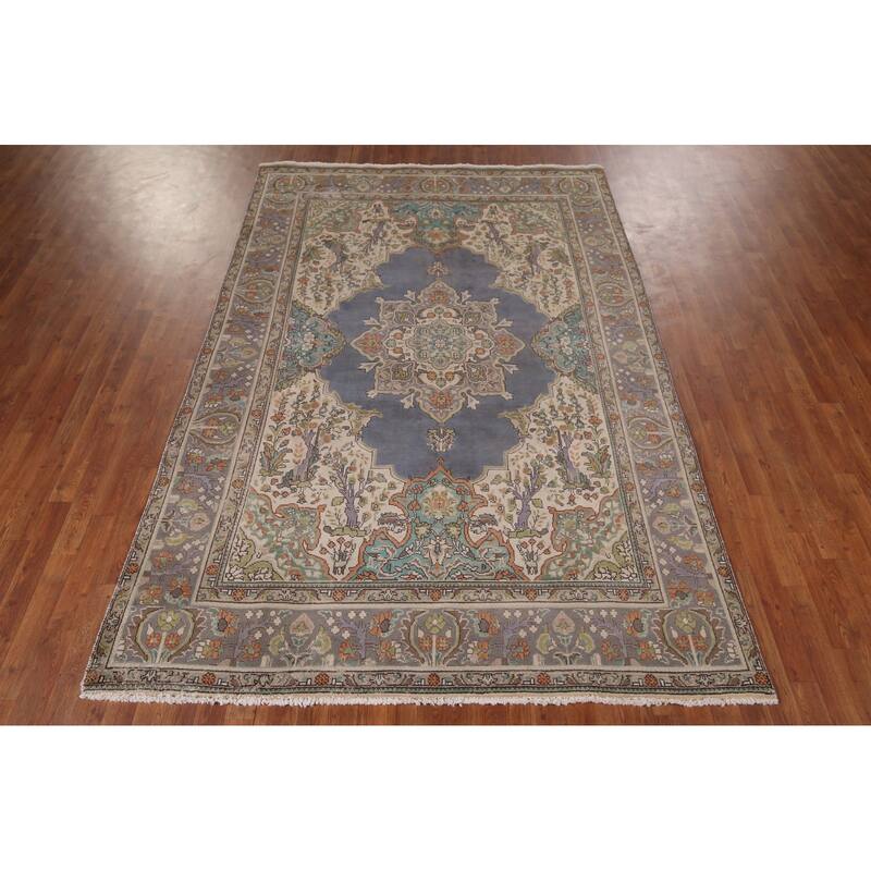 Geometric Tabriz Vintage Persian Area Rug Hand-Knotted Wool Carpet - 6'5" x 9'7"