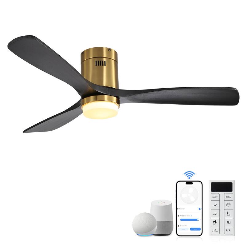 Sofucor 52"Solid Wood Modern,Farmhouse Indoor Ceiling Fan Chandelier with Remote,Adjustable light,Smart Optional - Smart(APP+Voice+Remote Control) - Brass with Black Solid Wood Blades