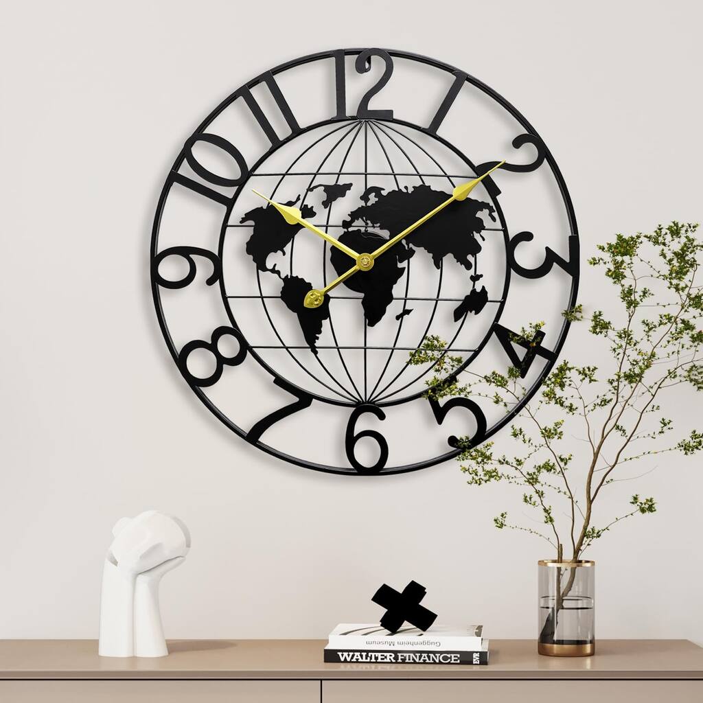 World Map Large Wall Clock for Living Room,Metal Decorative Wall Clock,Big Modern Round Silent 24 in