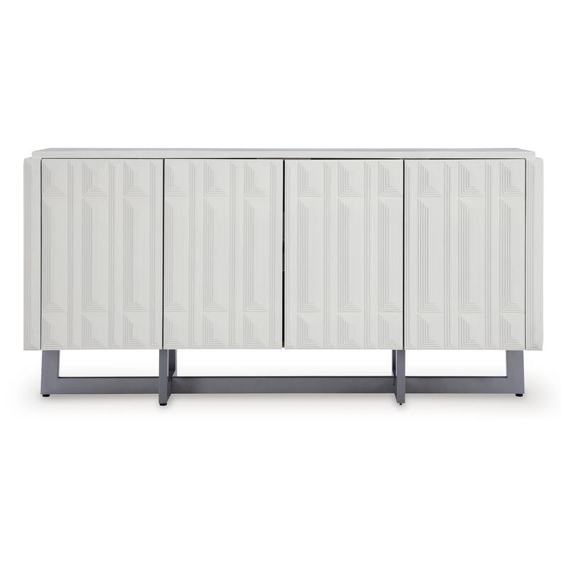Sideboard Cabinet Console, Geometric Pattern 4 Doors, White 73 Inch
