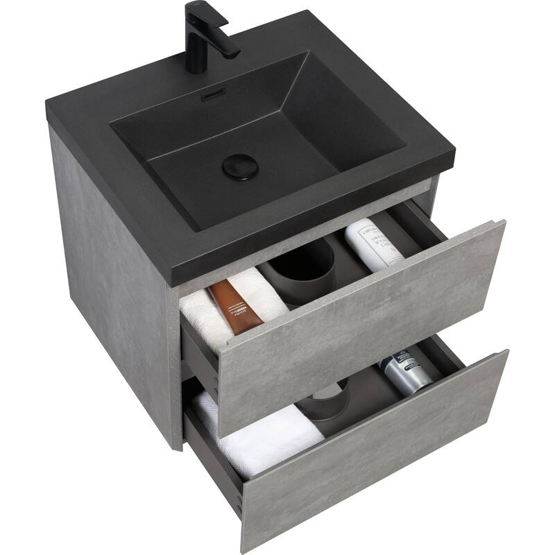 Wall-Mounted Bathroom Vanity with Gray Storage Cabinet, Matte Black Quartz Sand Sink, Soft-Close Hinges - 23.62in L Melamine