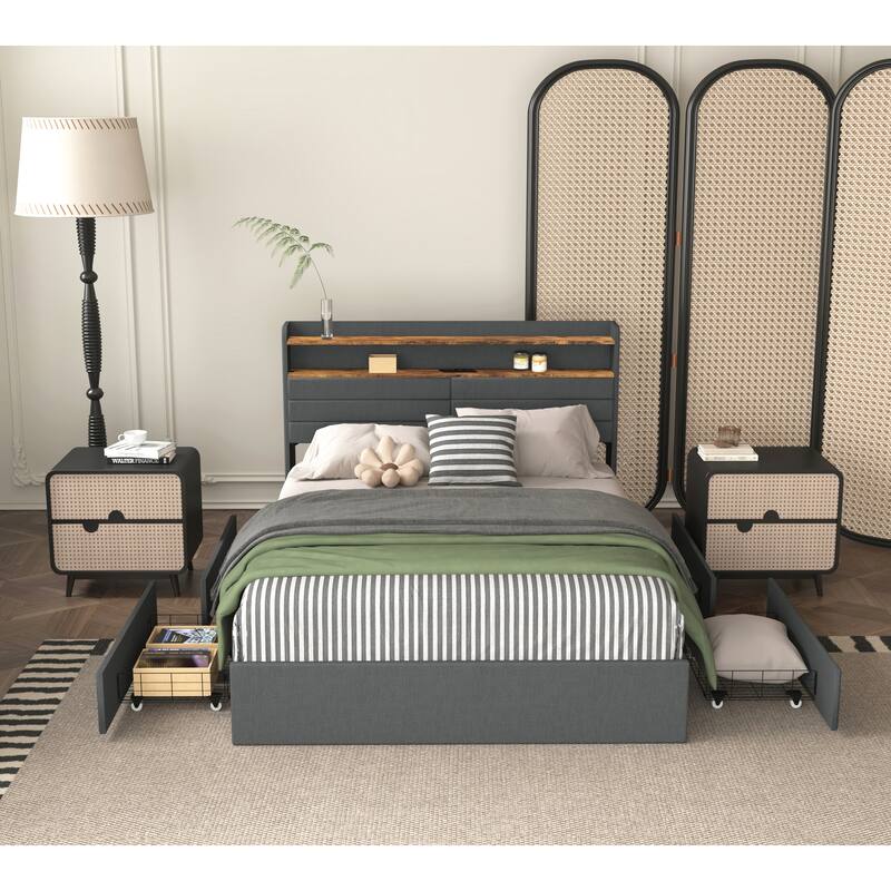 Full Size Upholstered Platform Bed Frame w/ 4 Storage Drawers， Headboard, LED Light & Charging Station for Bedroom Apartment - Queen
