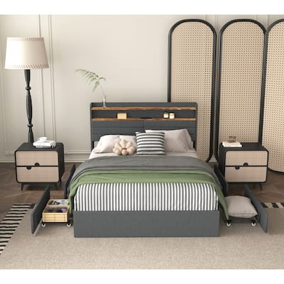 Queen Bed Frame with 4 Storage Drawers, Upholstered Platform Queen Size Bed Frame, No Box Spring Needed
