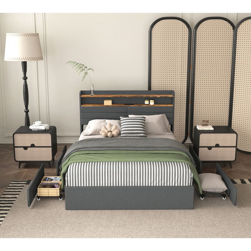 Queen Bed Frame with 4 Storage Drawers,Upholstered Platform Queen Size Bed Frame with Headboard,LED Light and Charging Station - Black+ Gray