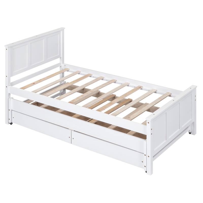Twin Platform Bed with Trundle and Two Storage Drawers, Solid Pine Wood Frame, Space-Saving Design
