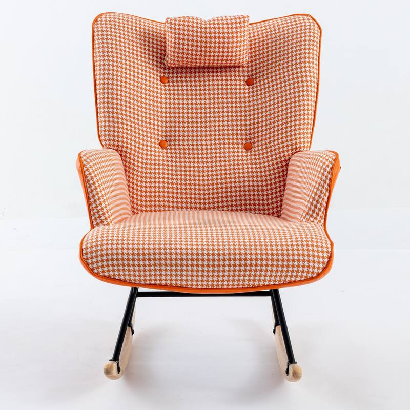 35.5 inch Rocking Chair, Soft Houndstooth Fabric Leather Fabric Chair, Comfy Wingback Glider Rocker with Safe Solid Wood Base