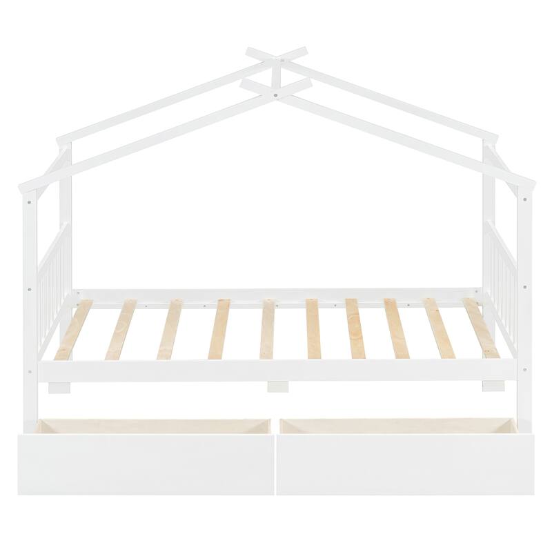 Twin Size House Bed with Storage Drawers and Solid Wood Frame