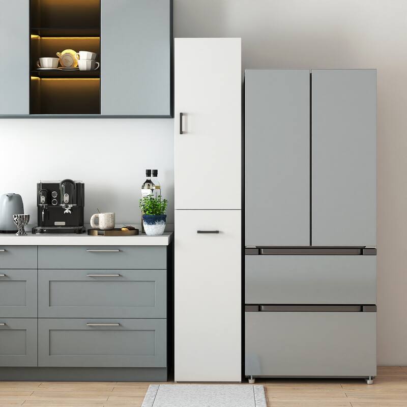 Tall Kitchen Pantry Cabinet with 3-Tier Pull-Out Storage Shelf, Freestanding Organizer with Door - White