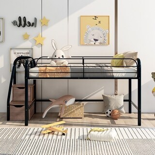 Sturdy Frame Low Loft Twin Metal Bed with Two Storage Steps - Bed Bath ...