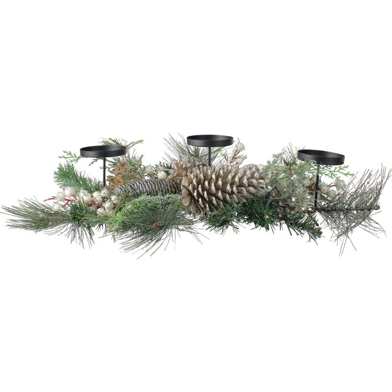 Frosted Long Needle Pine and Berries Christmas Triple Candle Holder - 24"