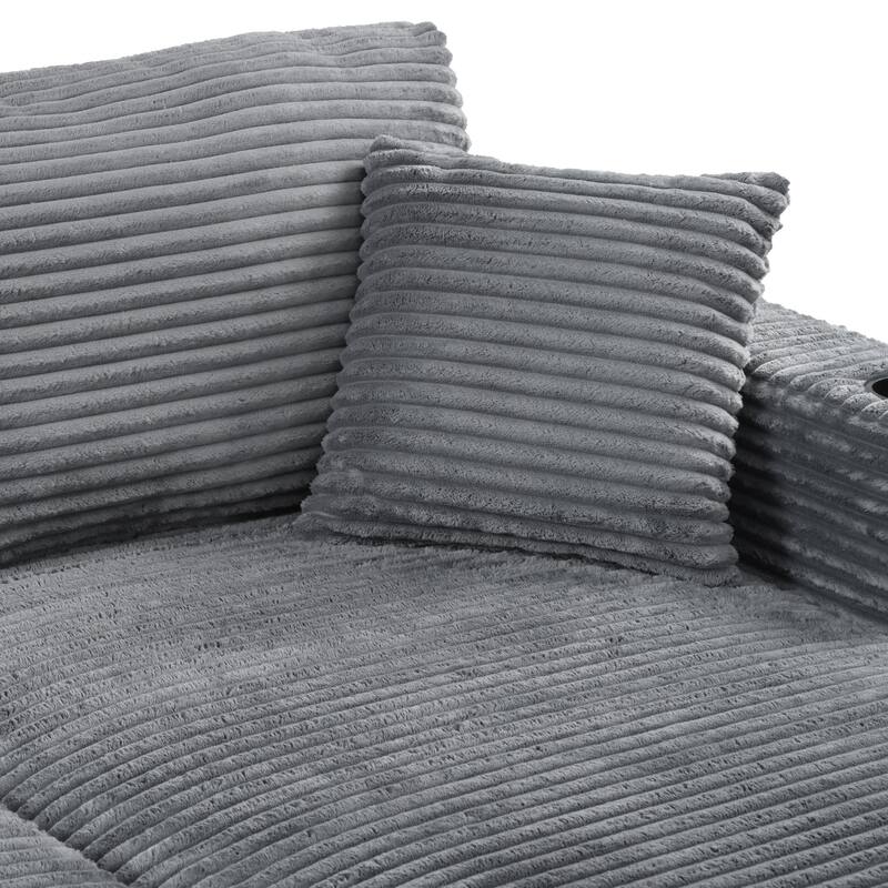 86.5" Oversized Loveseat Chaise Lounge Sectional Sofa Bed with USB Ports, Cup Holders, Corduroy Upholstery, Dark Gray