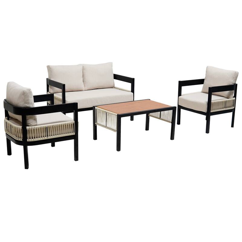 Multi-person Outdoor Iron Sofa Set with A table, Rattan Decoration, Waterproof, Rust-proof, Suitable for Garden