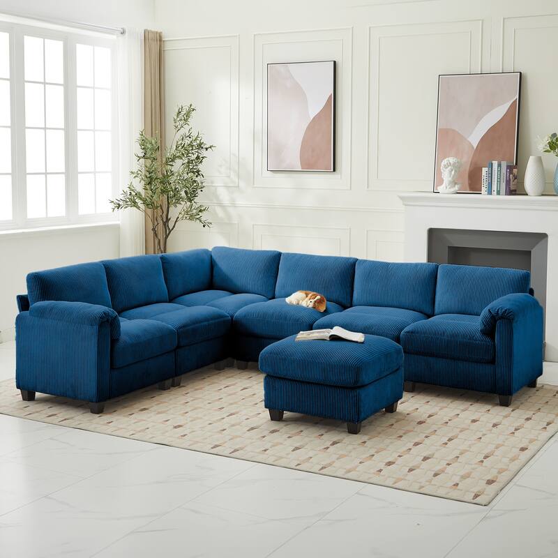 Corduroy Corner Sectional Sofas with a Removable Ottoman, L-shaped Reversible 7-seat Modular Couch