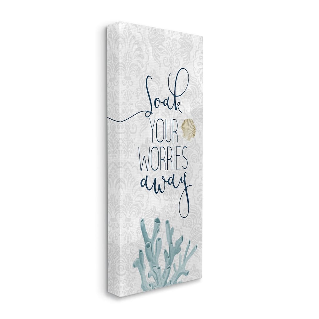 Stupell Soak Your Worries Away Phrase Blue Coral Bathroom Shell Canvas Wall Art - Grey