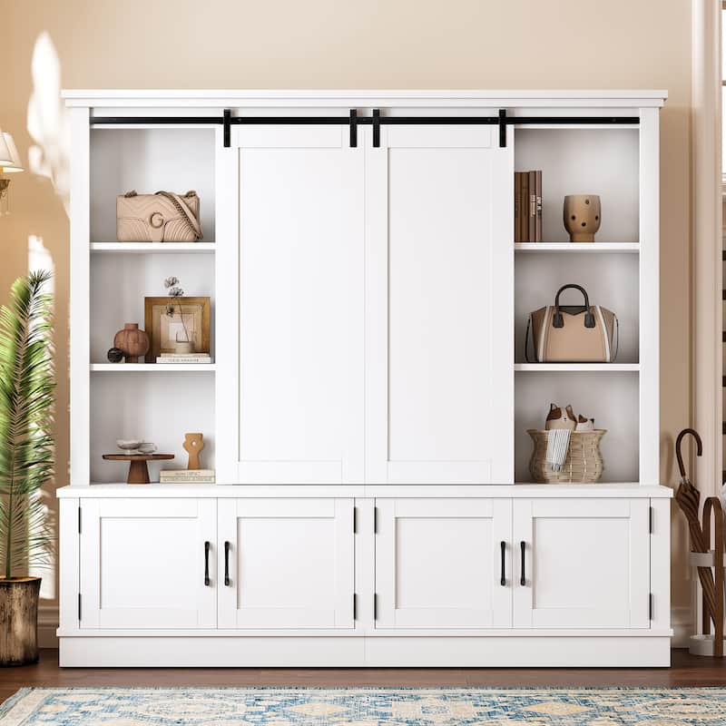 Multifunctional Entryway Cabinet with Sliding Rails, Tree-Shaped Design Storage Unit for Living Room and Hallway - White