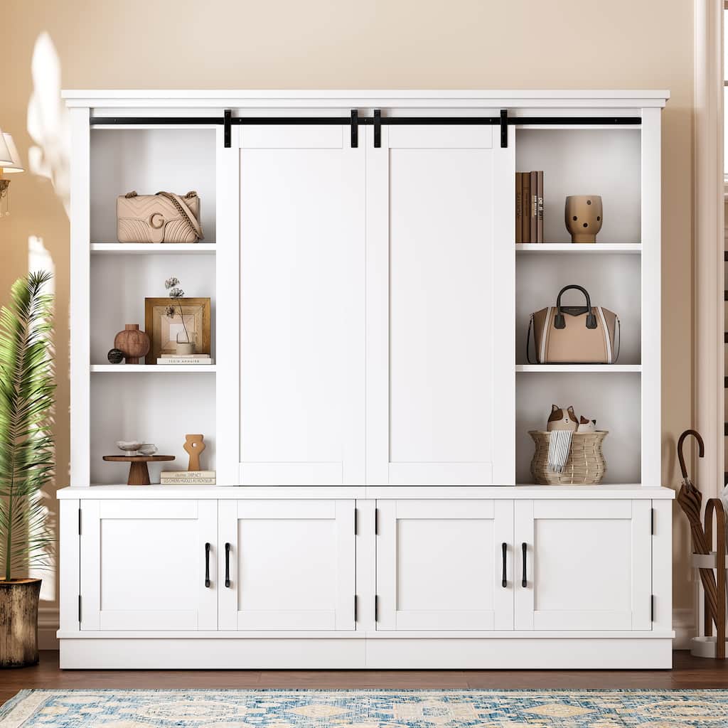 Roomfitters Large Entryway Hall Tree with Sliding Barn Door, Storage Cabinet with Shelves and Shoe Rack
