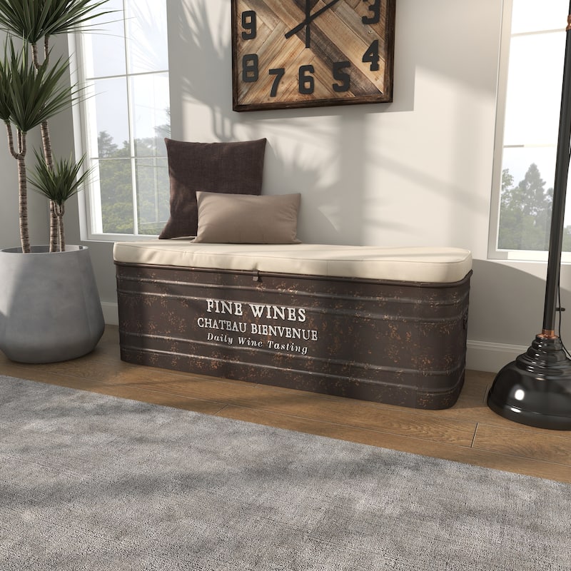 Brown Metal Storage Bench with Cream Burlap Top and Champagne Typography