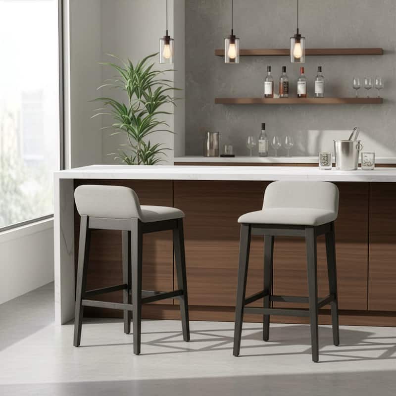 Set of 2 Atia Black Rubberwood Stool with Low Back Fabric Seat