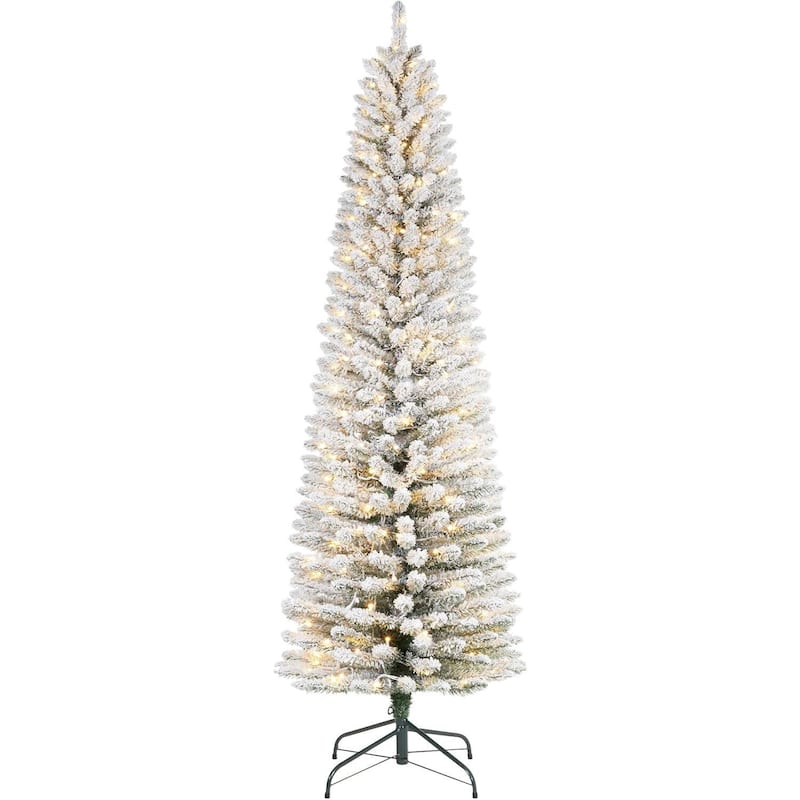 Prelit Flocked Pencil Artificial Christmas Tree with Lights - N/A - 6 Foot
