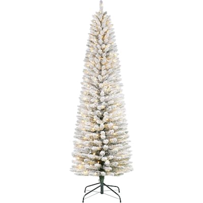 Prelit Flocked Pencil Artificial Christmas Tree with Lights - N/A