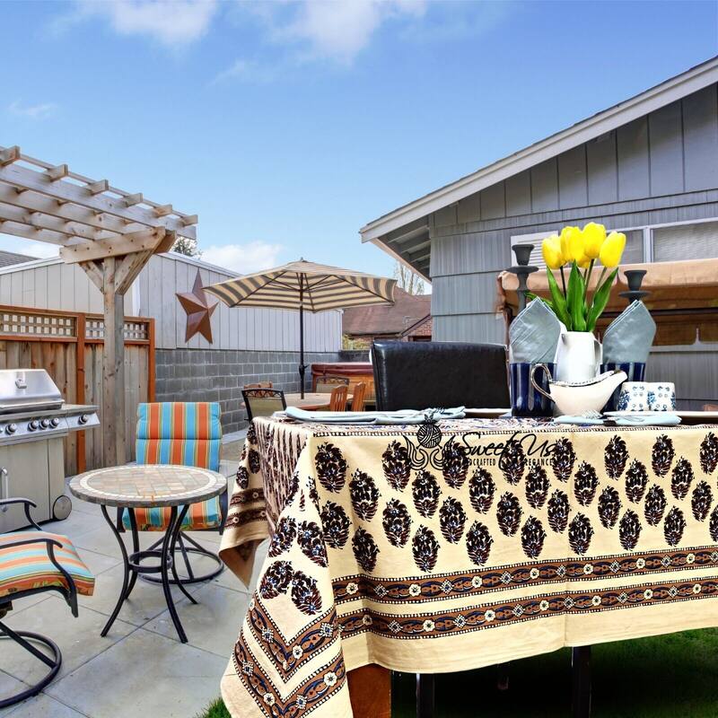 Earthy Spiral Floral Block Print Cotton Tablecloth Collection - 60 x 60 inches