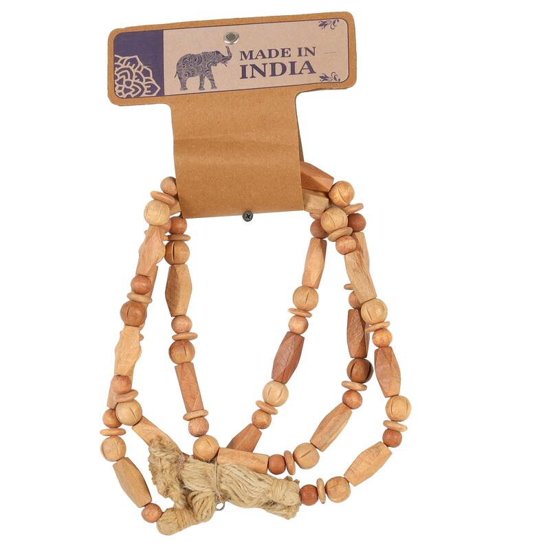 Brown Mango Wood Handmade Rectangle Carved Geometric Long Beaded Garland with Tassel