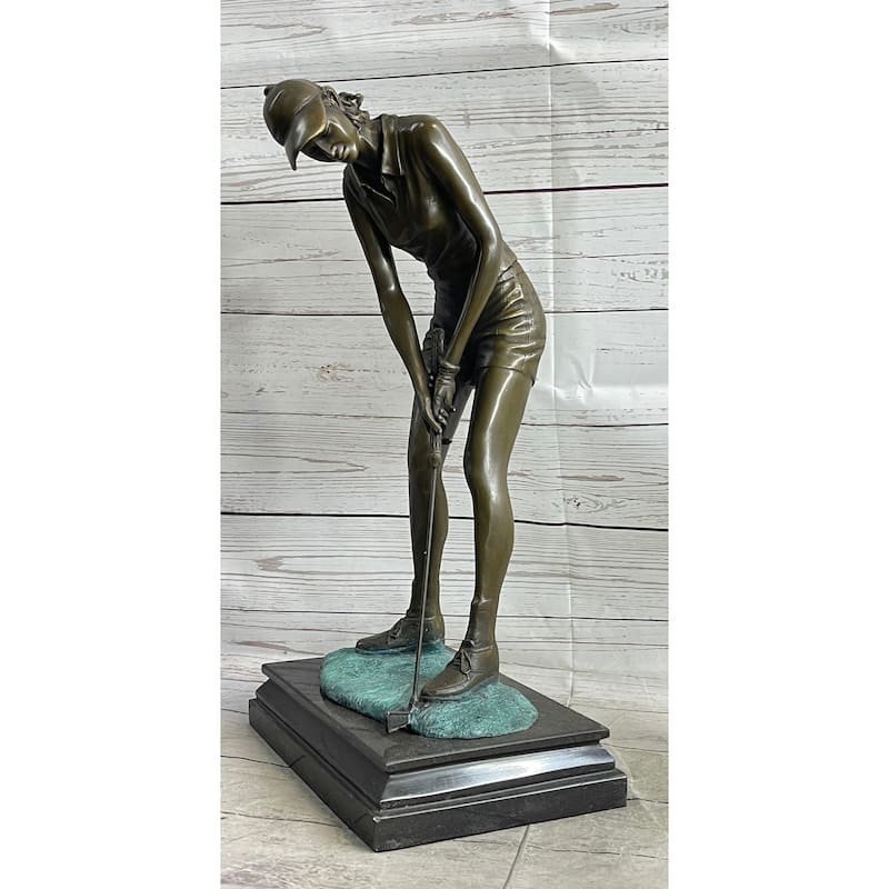 Female Golfer Bronze Metal Statue Sculpture Trophy Figure On Marble Base By Milo