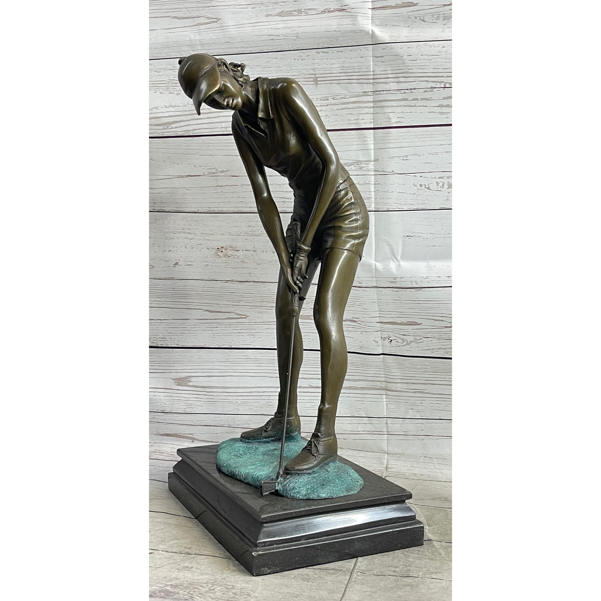 Female Golfer Bronze Metal Statue Sculpture Trophy Figure On Marble Base By Milo