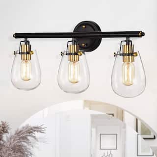 Ontario Black and Antique Gold 3-Light Vanity Light with Glass Shades