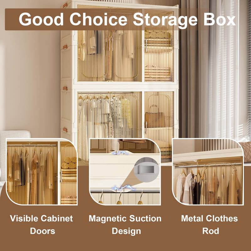 Portable Wardrobe Closet with 9 Magnetic Doors, 9 Cubes, 2 Hanging Rods, 6 Hangers & Wheels, Plastic Storage Organizer