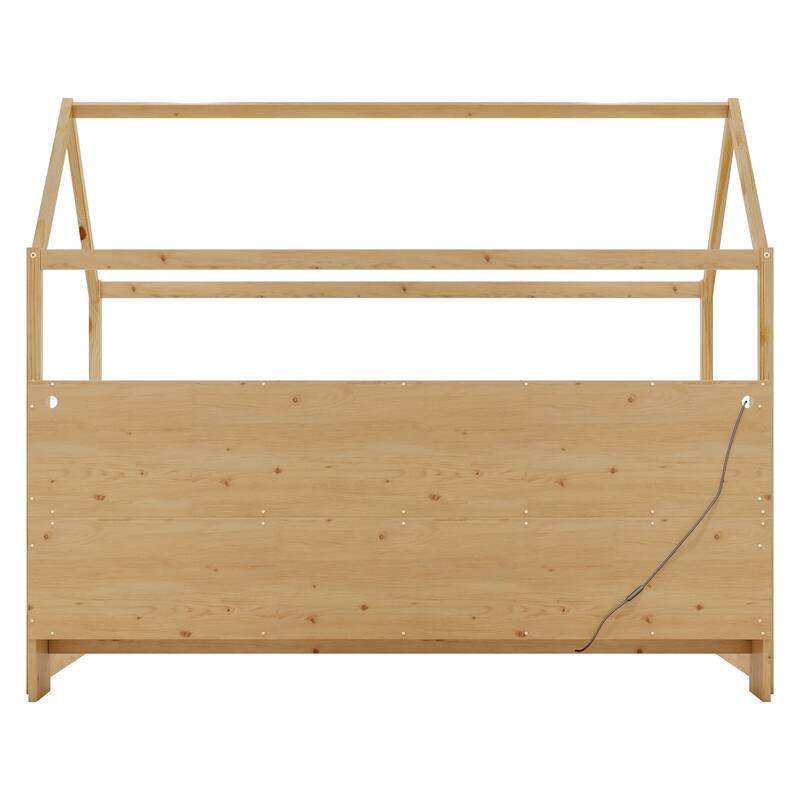 Twin Wooden House Bed with LED Light, Built-in Bookshelf & Safety Guardrails
