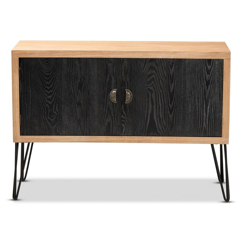 Modern Two-Tone Walnut and Black Wood Storage Cabinet - Stylish Organizer with Metal Legs and Door Handles