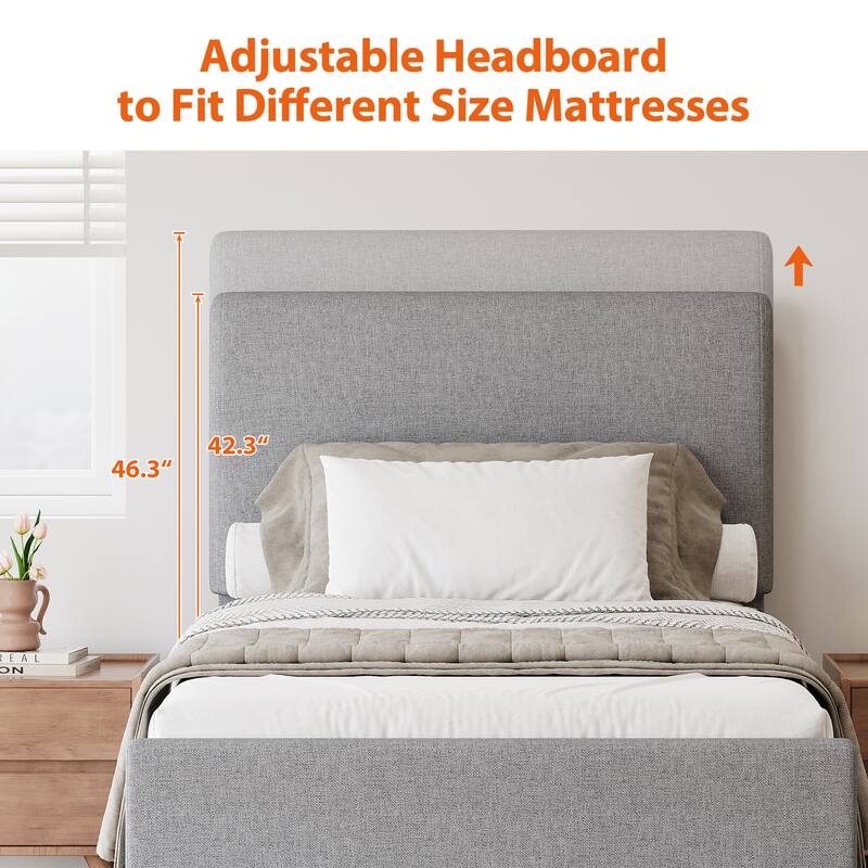Velvet Upholstered Platform Bed with Trundle Bed & Adjustable Button Tufted Headboard