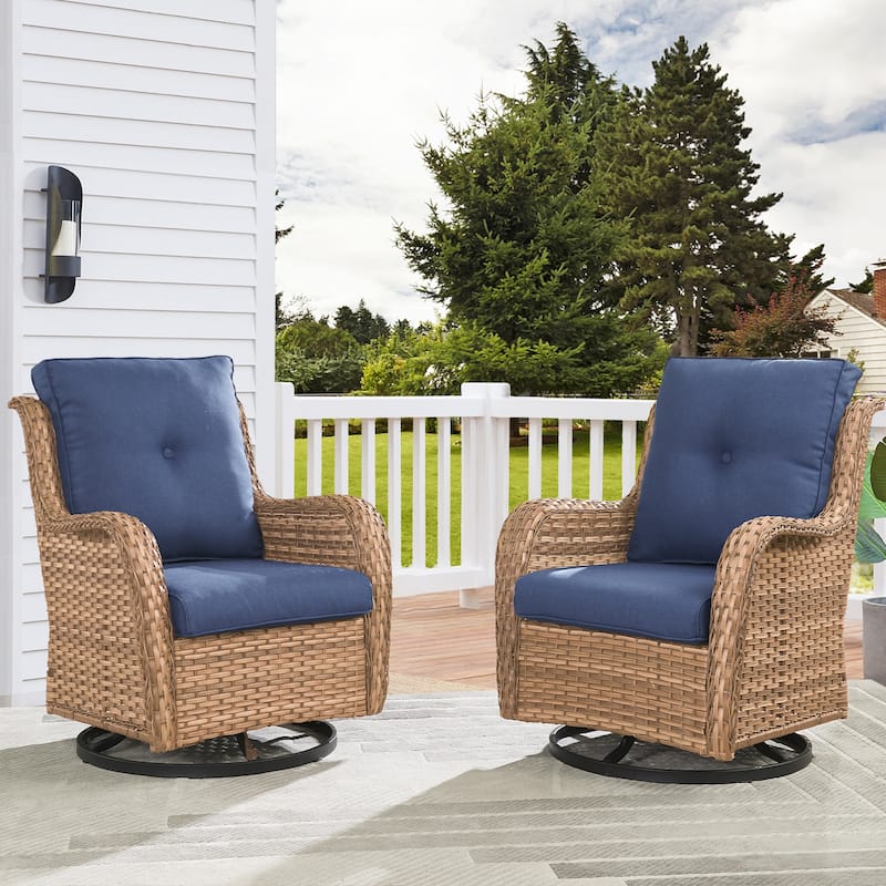Pocassy Outdoor Wicker Glider Swivel Club Chairs (Set of 2) - Yellow/Blue
