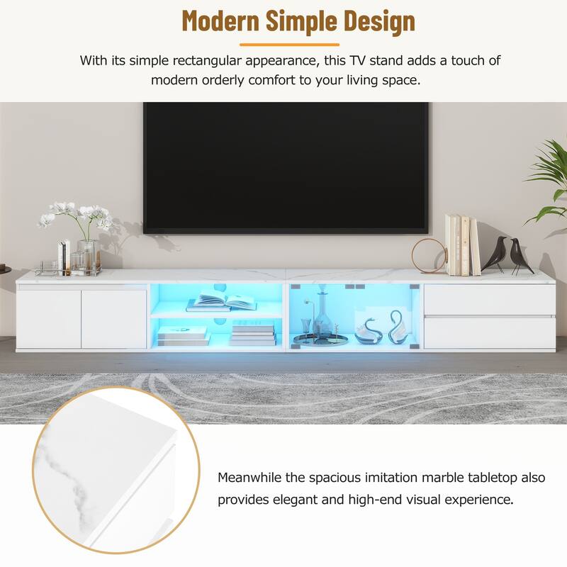 Modern APP Controlled LED TV Stand with Faux Marble Tabletop, Tempered Glass Doors and 2 Drawers