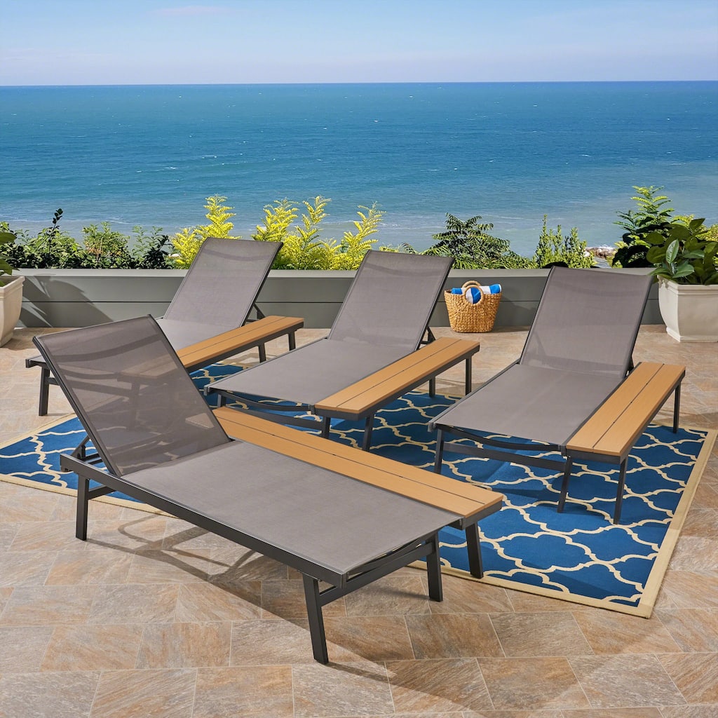 Waterloo Outdoor Mesh and Aluminum Chaise Lounge with Side Table (Set of 4) by Christopher Knight Home