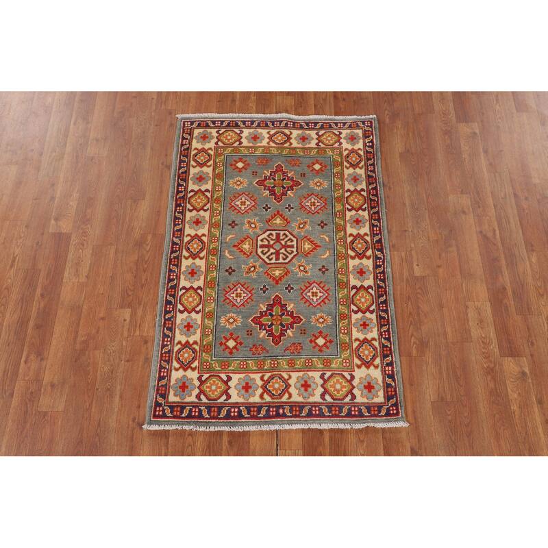 Geometric Kazak Accent Rug Hand-Knotted Grey Wool Carpet - 2'8" x 4'1"