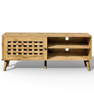 Vintage 47'' TV Stand with Basket Weave Wooden Door & Angled Legs