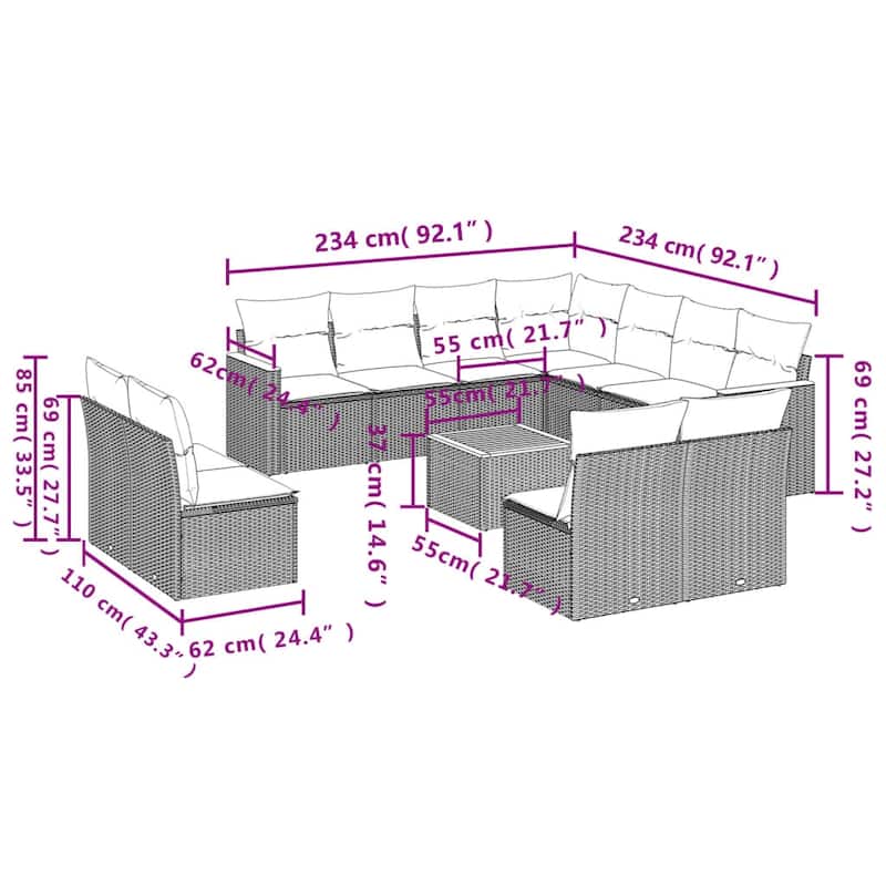 vidaXL 11 Piece Patio Sofa Set with Cushions Black Poly Rattan