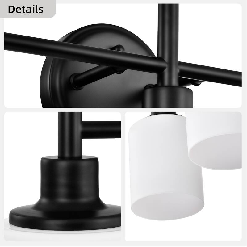 21 in. 3-Light Matte Black Finish Vanity Light with White Glass Shades - 21.6 in. L x 6.75 in. W x 10.6 in. H