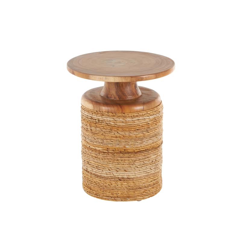 Banana Leaf Handmade Woven Accent Table with Wooden Tabletop - Brown - Roche River Decor - 16"W x 16"L x 20"H