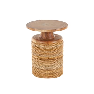 Banana Leaf Handmade Woven Accent Table with Wooden Tabletop - Brown - Roche River Decor - 16"W x 16"L x 20"H