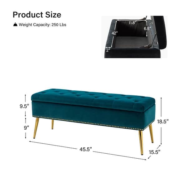 dimension image slide 0 of 19, HULALA HOME Neptunus Modern 45.5" W Velvet Bedroom Storage Bench for End of Bed with Nailhead Trim