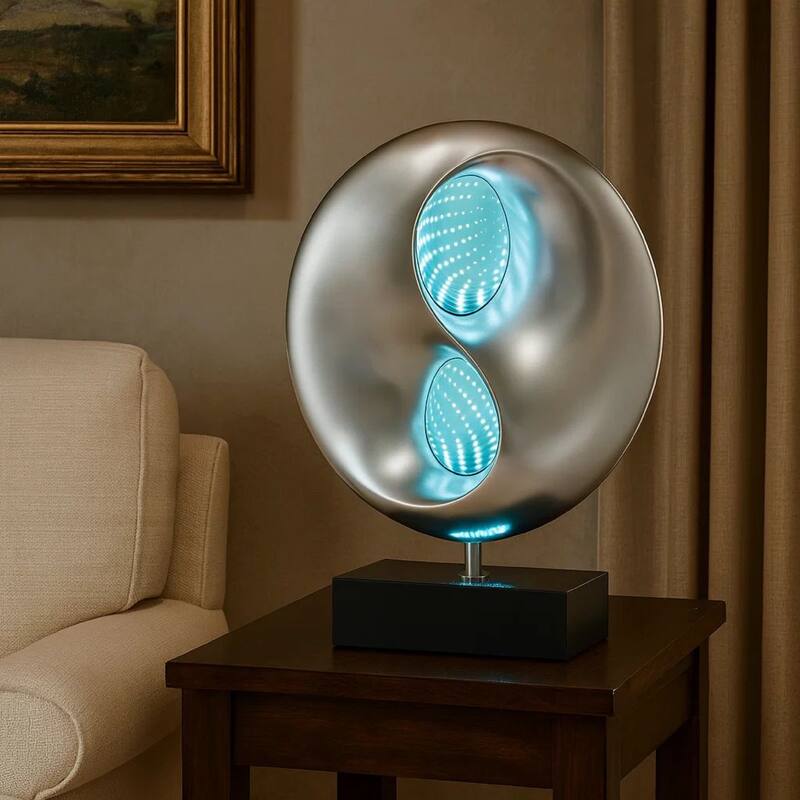 Nila 20 Inch LED Table Lamp, Black Silver Polyresin Orb Sphere, Block Base