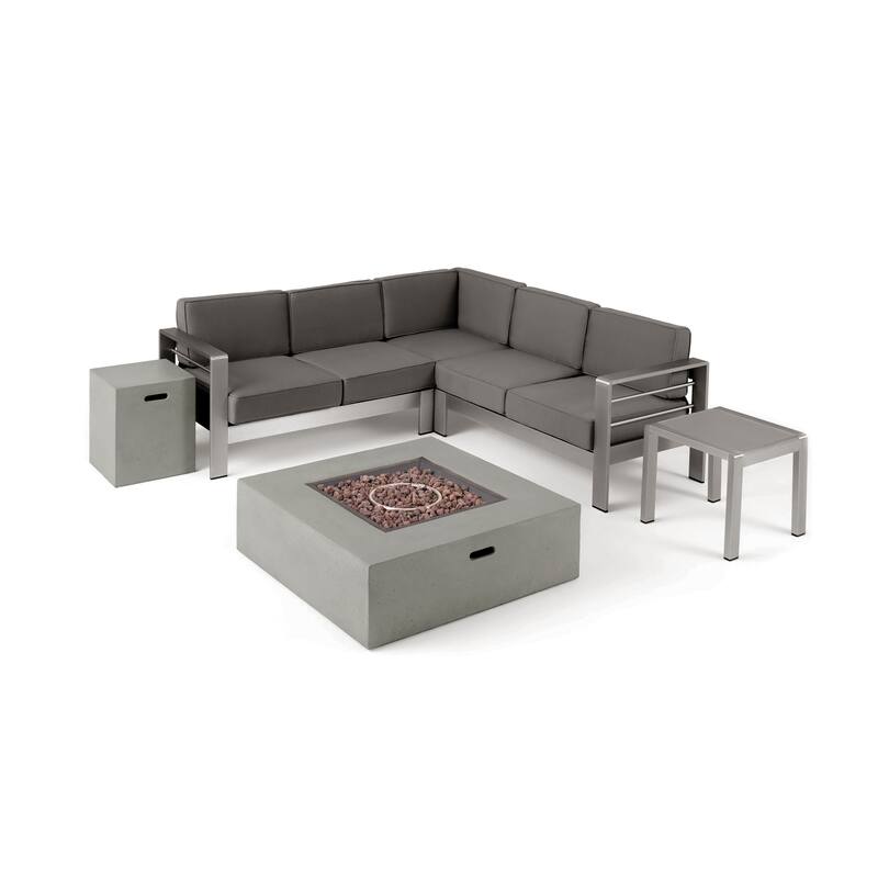 Cape Coral Outdoor 5 Seater Aluminum Chat Set with Fire Pit by Christopher Knight Home - Silver+Khaki+Light Gray