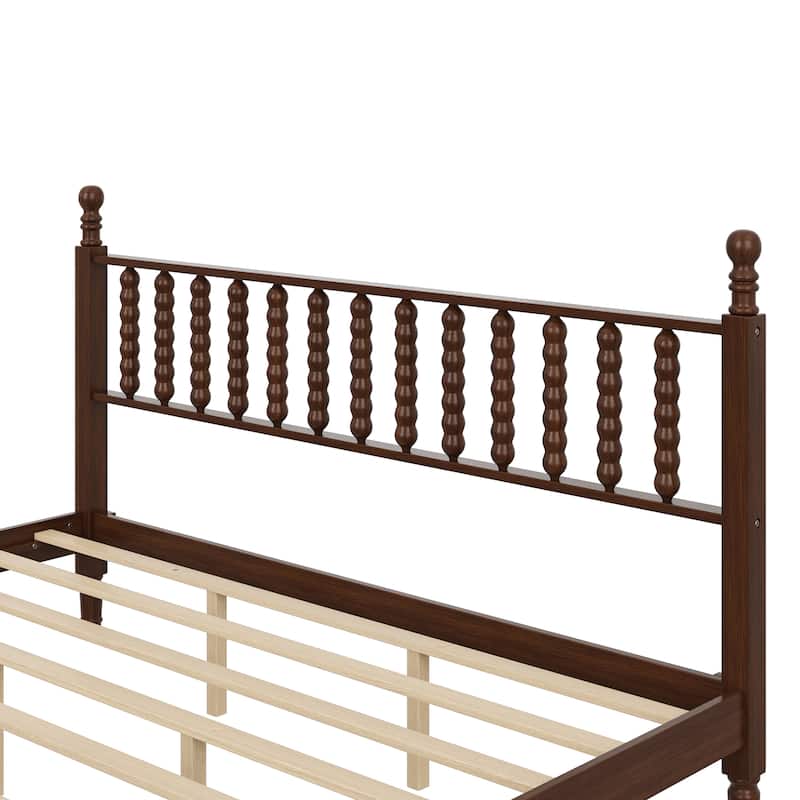 Wood Platform Bed Frame with Gourd Shaped Headboard, Retro Style Low Profile Bed with Wooden Slat Support, No Box Spring Needed