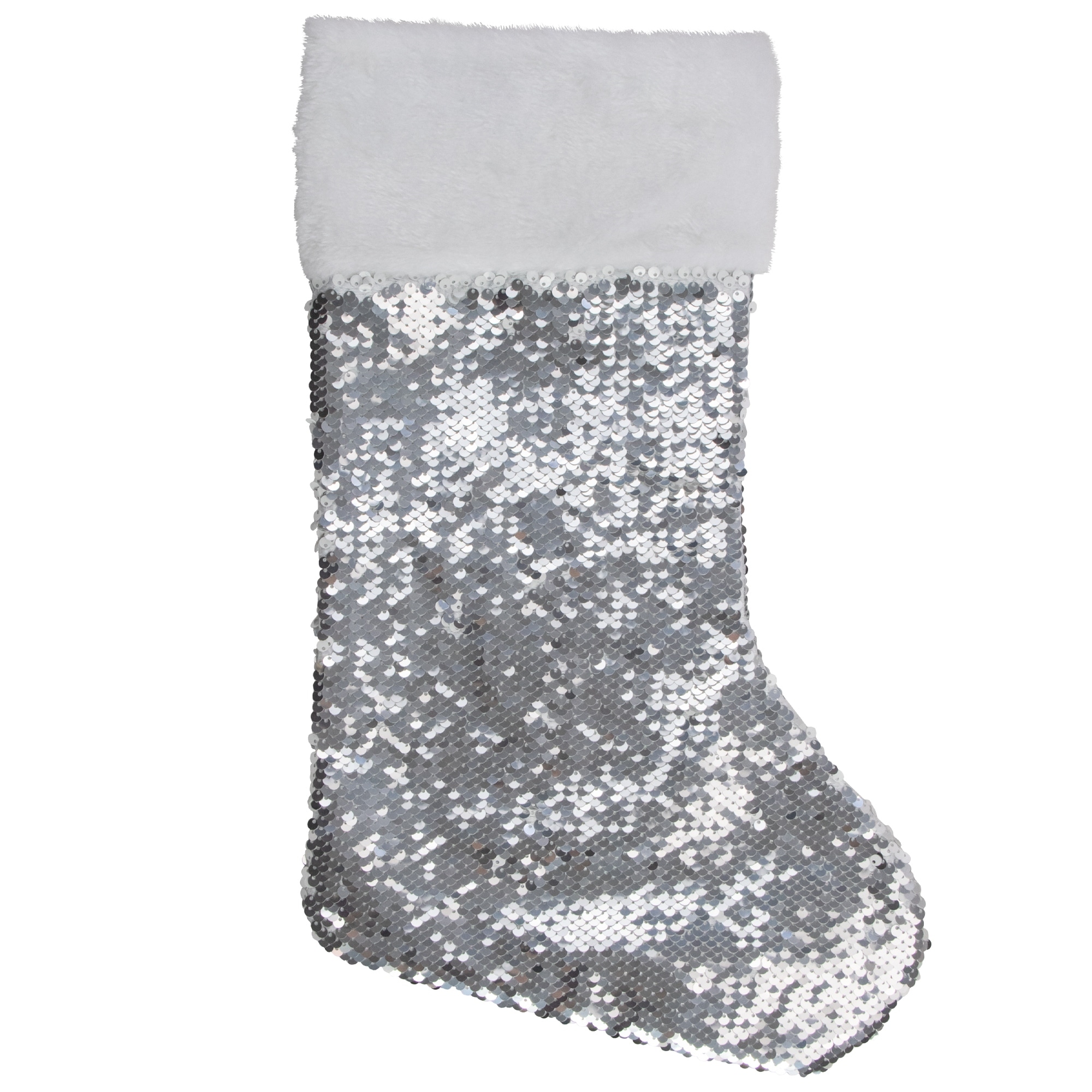 19" White and Silver Sequin Christmas Stocking With White Faux Fur Cuff