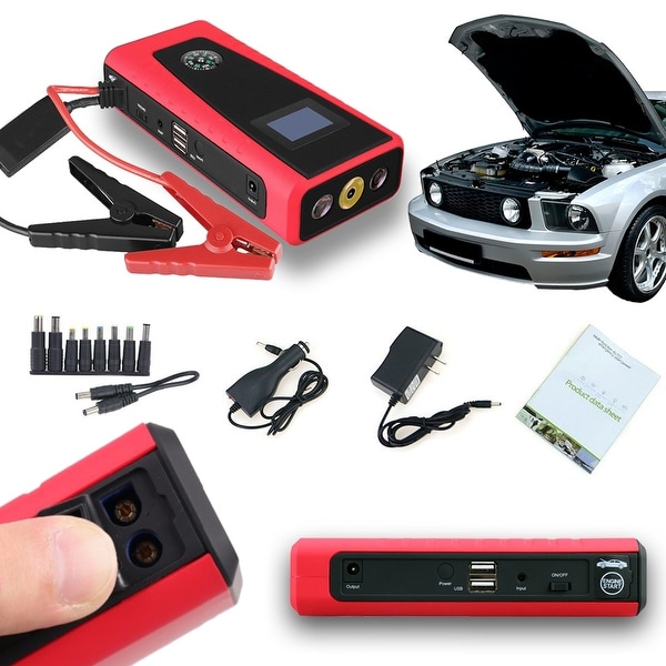 Indigi® 12000mAh HeavyDuty Rugged Portable Automotive Jump Starter PowerBank w/ USB Charging Port & LED Flashlight - Black/Red