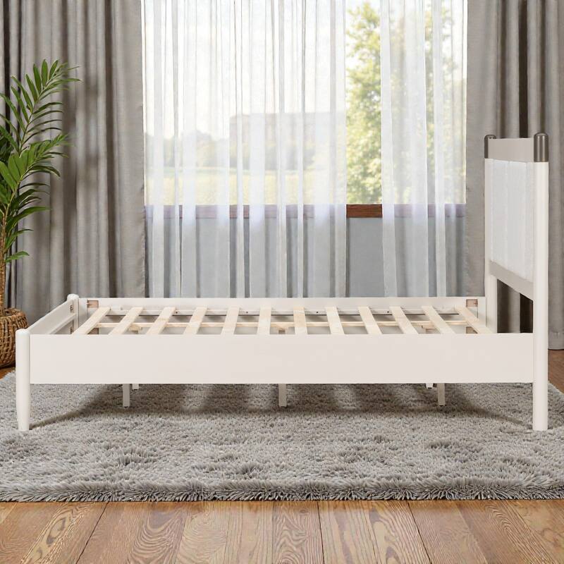 Solid Wood Platform Bed with Upholstered Headboard and Metal Handles, Heavy Duty 500 lbs Support, No Box Spring